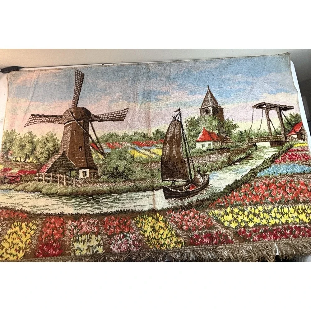 Vintage Dutch Waterways River Wall Tapestry Rug Art Windmill Tulip Fields 25x43
